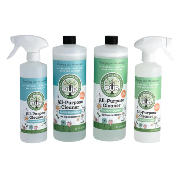 2-16 oz spray bottles + 2 -32 oz concentrate bottles of pur evergreen all-purpose cleaner