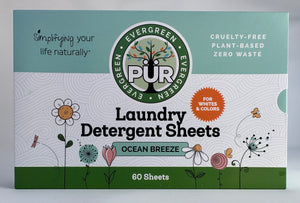 Ocean Breeze plant based laundry detergent sheets Sustainable Ecofriendly Green natural home goods PÜR Evergreen zero waste Mrs Meyers Method Forces of Nature biodegradable  Tru Earth Earth Breeze clean people, travel, small, made in Sweden. 