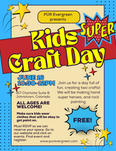 Load image into Gallery viewer, Promotional flyer for Kids Super Craft Day event with colorful text and graphics.