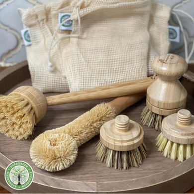 kitchen essential bundle from pur evergreen that includes produce bags + long bamboo brush + bottle brush + pot brush + replacement head