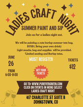 Load image into Gallery viewer, Advertisement for Ladies Craft Night with details on date, time, and registration information.