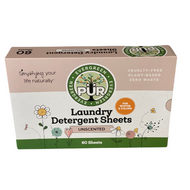 pink box of pur evergreen unscented laundry detergent sheets