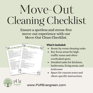 Move-Out Cleaning Checklist with a green background and PURE Evergreen logo.