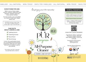 Label of PUR Evergreen All-Purpose Cleaner with natural elements and branding details-aroma is Lemon Lime OH! MY!