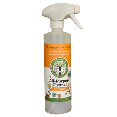 16 oz spray bottle with orange label that reads PUR Evergreen All Purpose Cleaner Cozy Bliss aroma