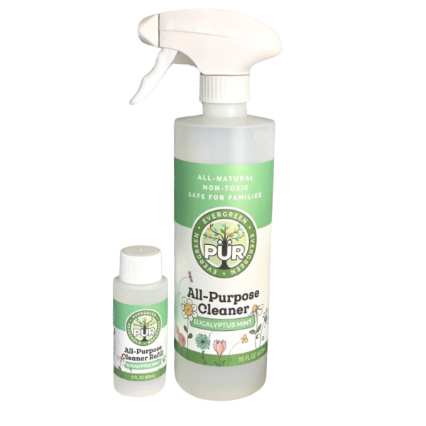 2 oz and 16 oz spray bottle of eucalyptus mint pur evergreen all-purpose cleaner