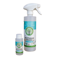 2 oz refill bottle and 16 oz white spray bottle of pur evergreen all purpose cleaner in sassy spearmint aroma