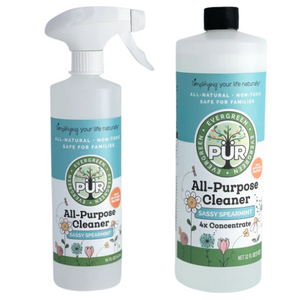 16 oz spray bottle and 32 oz concentrate with blue label that reads "PUR evergreen all purpose cleaner in sassy spearmint aroma"