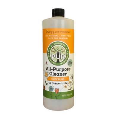32 oz bottle with black lid orange label that reads PUR Evergreen all purpose cleaner in Cozy Bliss aroma