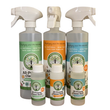 Load image into Gallery viewer, three 16 oz bottles and 3 2 oz bottles of PUR Evergreen All-Purpose Cleaner - green labeled bottle is Eucalyptus Mint, orange label is Cozy Bliss, and blue labeled bottles are Sassy Spearmint