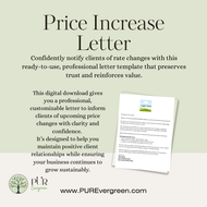 Promotional graphic for a price increase letter template with text and a sample document on a light green background. PÜR Evergreen logo and website attached.