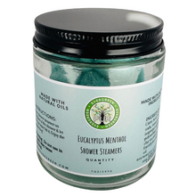 Load image into Gallery viewer, clear jar with black lid , bluish label reads PUR Evergreen Eucalyptus Menthol Shower Steamers