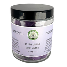 Load image into Gallery viewer, clear jar with black lid , purple label reads PUR Evergreen lavender Shower Steamers