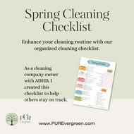 Spring cleaning checklist with text and PURE Evergreen logo on a light green background