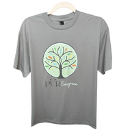 Gray t-shirt with a colorful tree design and 'PUR Evergreen' text on a white background
