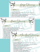 Load image into Gallery viewer, sample of ultimate cleaning checklist bundle, three partial images stacked atop each other, Deep Cleaning, Basic Cleaning and move out cleaning
