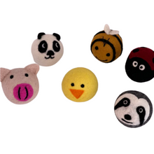 Load image into Gallery viewer, six wool dryer balls in animal faces: pink, panda, bee, ladybug, sloth, and duck