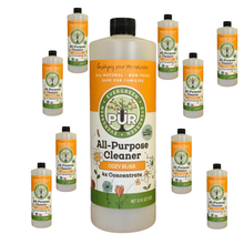 Load image into Gallery viewer, A bottle of PUR Evergreen All-Purpose Cleaner Cozy Bliss 4x Concentrate in the center, surrounded by nine smaller identical bottles arranged in a circular pattern on a plain white background.