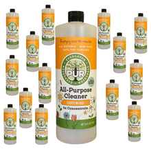 Load image into Gallery viewer, A bulk product display featuring a large bottle of Evergreen Purify All-Purpose Cleaner Cozy Bliss 4x Concentrate in the center, surrounded by multiple smaller identical bottles arranged in a circular pattern on a plain white background.