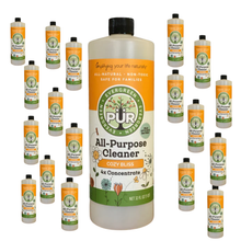 Load image into Gallery viewer, A bottle of PUR Evergreen All-Purpose Cleaner Cozy Bliss 4x Concentrate is centered, surrounded by multiple smaller identical bottles arranged in a circular pattern on a plain white background.