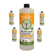 Load image into Gallery viewer, A bottle of PUR Evergreen All-Purpose Cleaner Cozy Bliss 4x Concentrate is shown in the center, surrounded by four smaller bottles of the same product on a plain white background.
