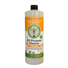 Load image into Gallery viewer, A 32 fl oz bottle of PUR Evergreen All-Purpose Cleaner in the Cozy Bliss scent, featuring a white bottle with a black cap and a colorful label with orange, green, and white sections.