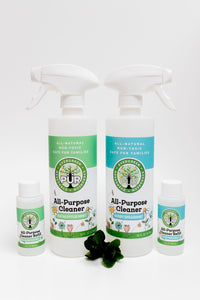 2 empty 16oz spray bottles and 2 bottles of 2oz cleaner Sustainable Ecofriendly Green natural home goods PÜR Evergreen antibacterial all-purpose cleaner non-toxic families safe natural zero waste Mrs Meyers Method Forces of Nature sassy spearmint cozy bliss eucalyptus mint yummy smell good scent fresh
