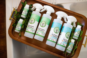 4 empty 16oz spray bottles and 4 bottles of 2oz cleaner Sustainable Ecofriendly Green natural home goods PÜR Evergreen antibacterial all-purpose cleaner non-toxic families safe natural zero waste Mrs Meyers Method Forces of Nature sassy spearmint cozy bliss eucalyptus mint yummy smell good scent fresh