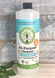 32 oz cleaner Sustainable Ecofriendly Green natural home goods PÜR Evergreen antibacterial all-purpurse cleaner non-toxic families safe natural zero waste Mrs Meyers Method Forces of Nature sassy spearmint cozy bliss eucalyptus mint yummy smell good scent fresh