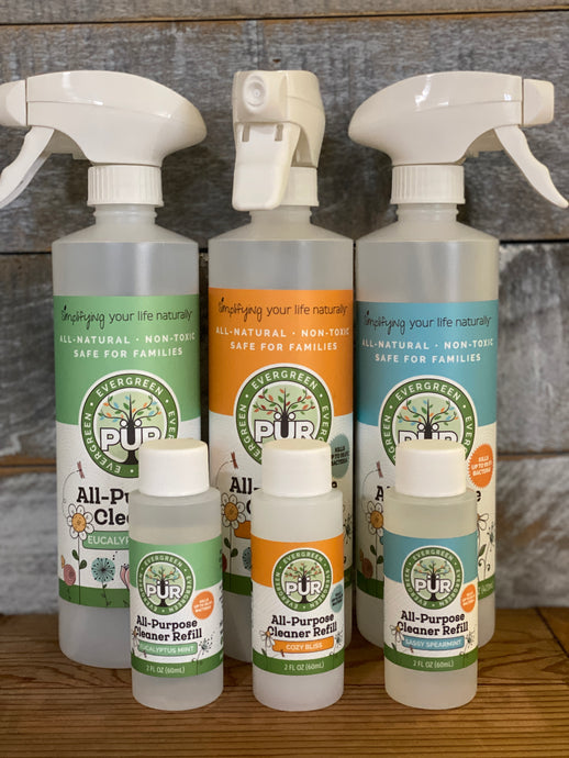 3 empty 16oz spray bottles and 3 bottles of 2oz cleaner Sustainable Ecofriendly Green natural home goods PÜR Evergreen antibacterial all-purpose cleaner non-toxic families safe natural zero waste Mrs Meyers Method Forces of Nature sassy spearmint cozy bliss eucalyptus mint yummy smell good scent fresh